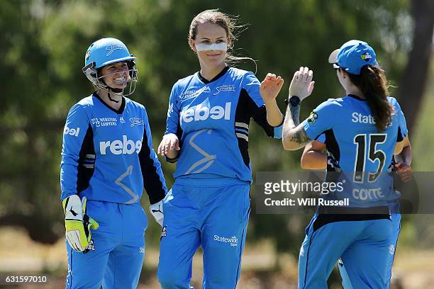 Alex Price of the Strikers celebrates the wicket of Jess Cameron of the Stars during the Women's Big Bash League match between the Adelaide Strikers...