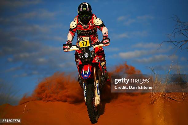 Paulo Goncalves of Portugal and HRC Honda Rally Team rides a CRF450Rally Honda bike in the Elite ASO during stage eleven of the 2017 Dakar Rally...