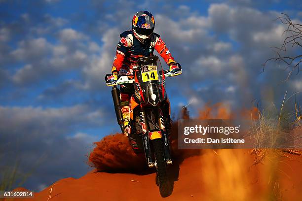 Sam Sunderland of Great Britain and KTM rides a 450 Rally Replica KTM bike in the Elite ASO during stage eleven of the 2017 Dakar Rally between San...