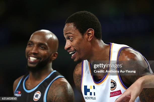 Greg Whittington of the Kings and Kevin Dillard of the Breakers chat during the round 15 NBL match between the New Zealand Breakers and the Sydney...
