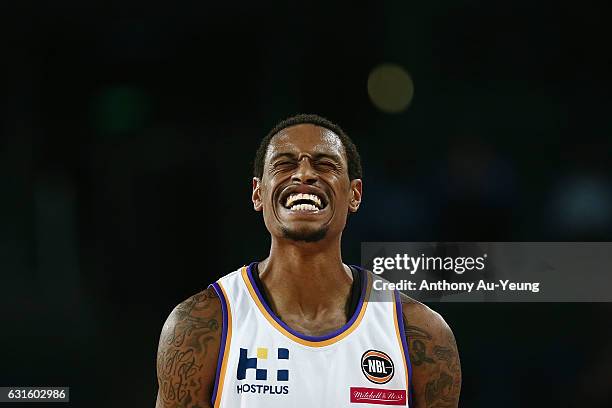Greg Whittington of the Kings reacts during the round 15 NBL match between the New Zealand Breakers and the Sydney Kings at Vector Arena on January...