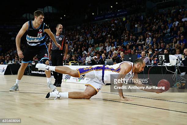 Aleks Maric of the Kings dives to keep the ball in play during the round 15 NBL match between the New Zealand Breakers and the Sydney Kings at Vector...