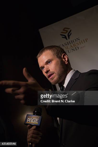 Actor/Brand Ambassador for Geoffrey Beene Kellan Lutz speaks to the media during the 80th Annual YMA Fashion Scholarship Fund Geoffrey Beene National...