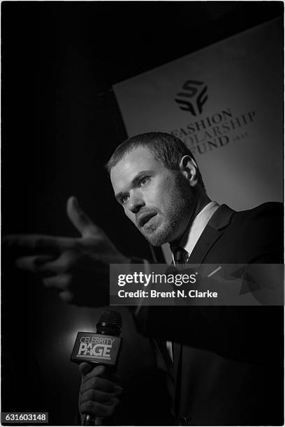 Actor/Brand Ambassador for Geoffrey Beene Kellan Lutz speaks to the media during the 80th Annual YMA Fashion Scholarship Fund Geoffrey Beene National...