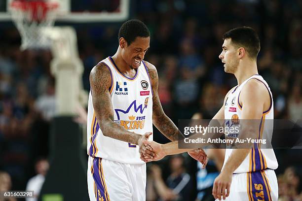 Greg Whittington and Kevin Lisch of the Kings react during the round 15 NBL match between the New Zealand Breakers and the Sydney Kings at Vector...