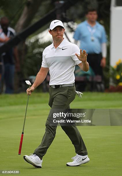 Rory McIlroy of Northern Ireland acknowledges the crowd after holing out on the 18th hole during day two of The BMW South African Open Championship...