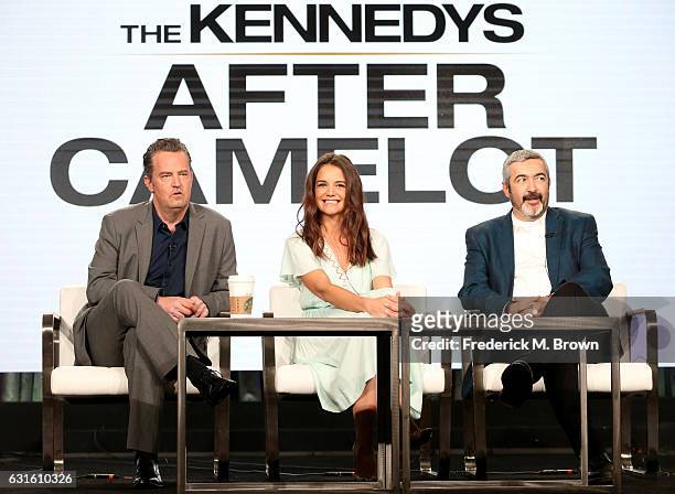Actors Matthew Perry, Katie Holmes and director Jon Cassar of the television show 'The Kennedys - After Camelot' speak onstage during the...