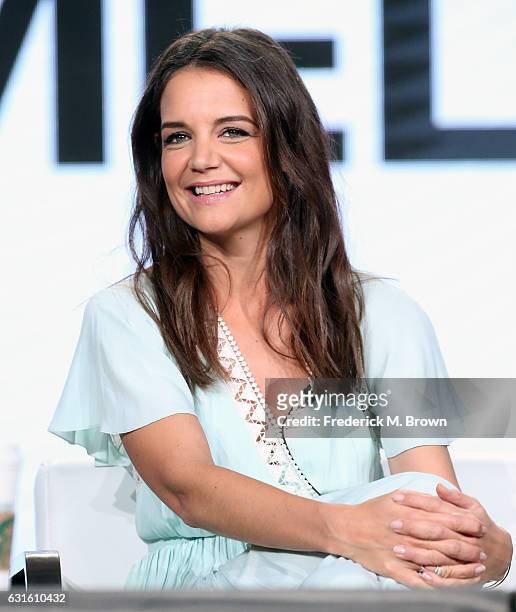 Actress Katie Holmes of the television show 'The Kennedys - After Camelot' speaks onstage during the REELZChannel portion of the 2017 Winter...
