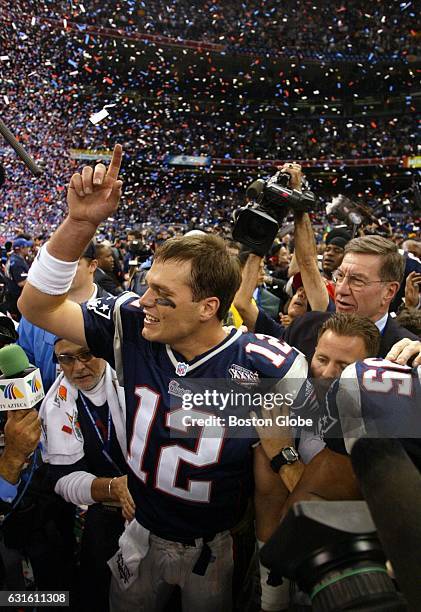 New England Patriots quarterback Tom Brady is pictured after leading the Patriots to victory. New England Patriots face the St. Louis Rams in Super...