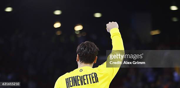 Goalkeeper Silvio Heinevetter of Germany reacts after a save during the 25th IHF Men's World Championship 2017 match between Germany and Hungary at...