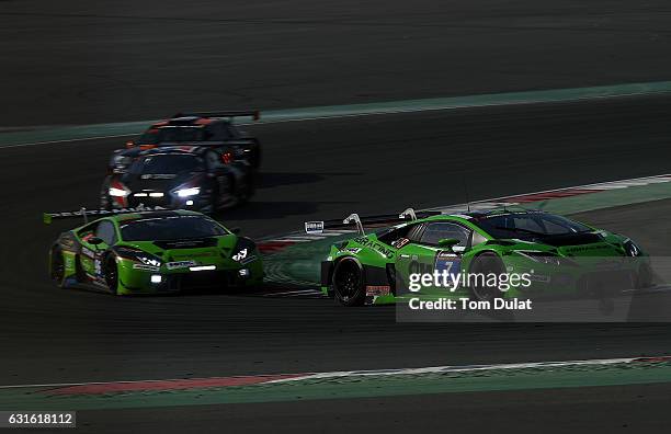 Racing Lamborghini Huracan GT3 of Herbert Handlos and Norbert Siedler race during the Hankook 24 Hours Dubai Race in the International Endurance...