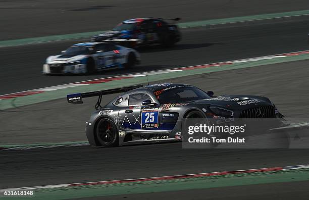 Motorsport Mercedes AMG GT3 of Wim de Pundert, Bernd Schneider, Carsten Tilke and Alexander Hrachowina race during the Hankook 24 Hours Dubai Race in...