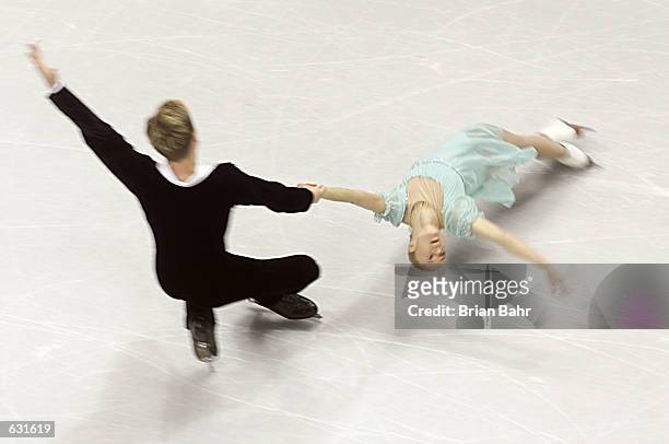 Zagorska and Siudek of Poland perform a death spiral during the pairs free skating program at the 2001 World Figure Skating Championships at the GM...