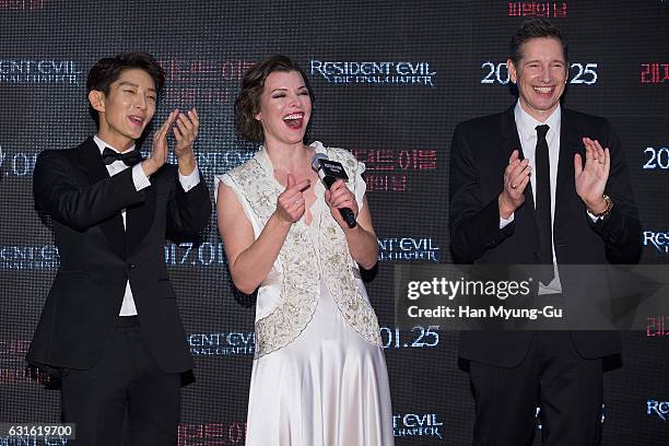 Director Paul W. S. Anderson, actors Milla Jovovich and Lee Jun-Ki attend the Seoul premiere for "Resident Evil: The Final Chapter" on January 13,...