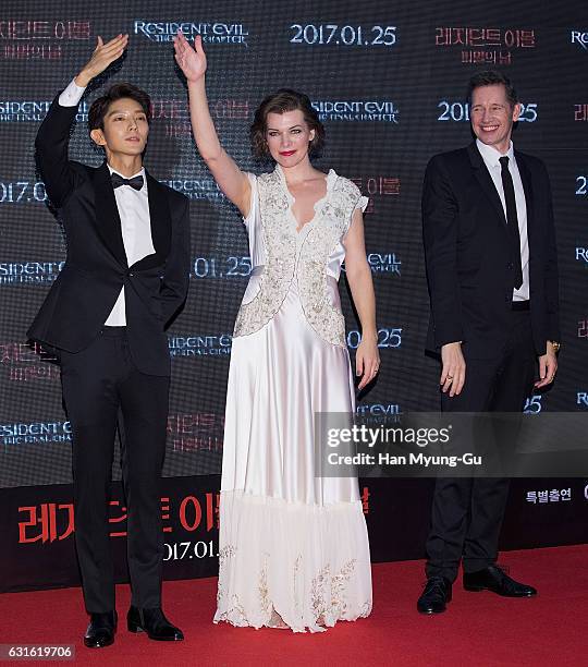 Director Paul W. S. Anderson, actors Milla Jovovich and Lee Jun-Ki attend the Seoul premiere for "Resident Evil: The Final Chapter" on January 13,...