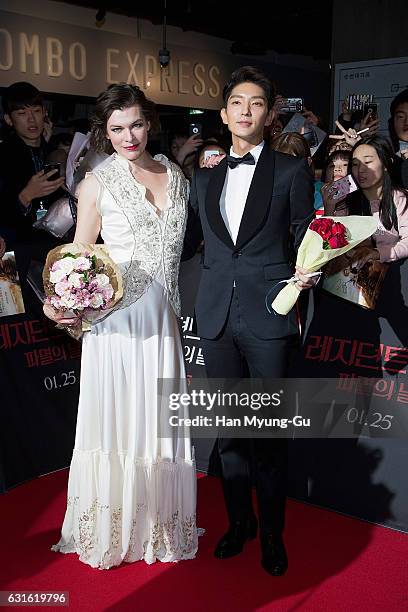 Actors Milla Jovovich and Lee Jun-Ki attend the Seoul premiere for "Resident Evil: The Final Chapter" on January 13, 2017 in Seoul, South Korea. The...