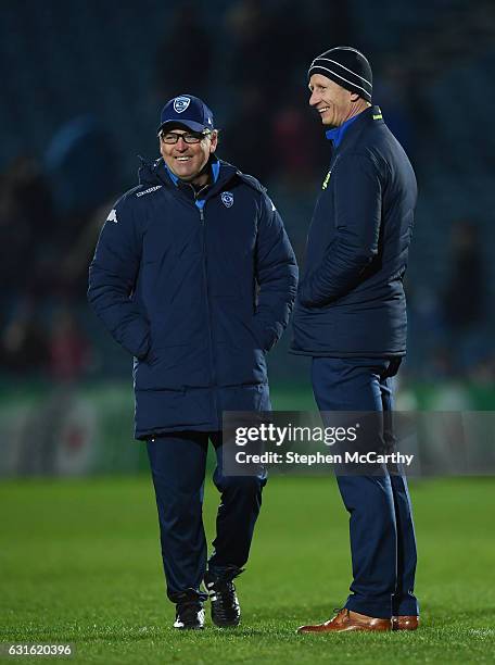 Dublin , Ireland - 13 January 2017; Leinster head coach Leo Cullen, right, and Montpellier head coach Jake White prior to the European Rugby...