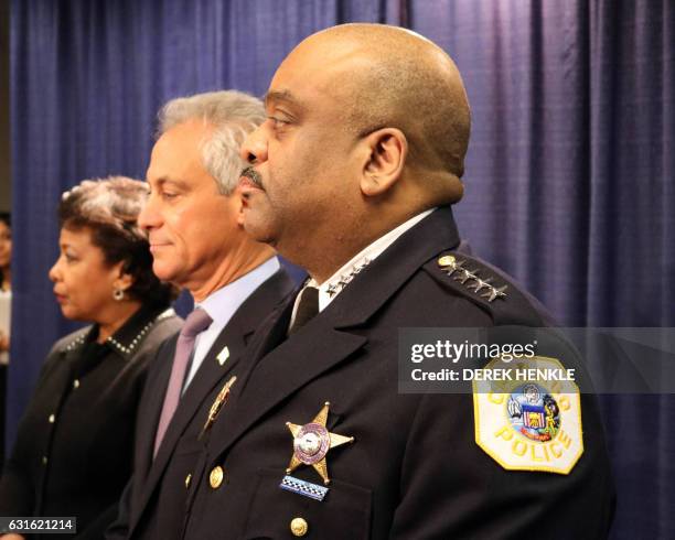 Attorney General Loretta Lynch, Chicago Mayor Rahm Emanuel and Chicago Police Superintendant Eddie Johnson arrive for a press conference on January...