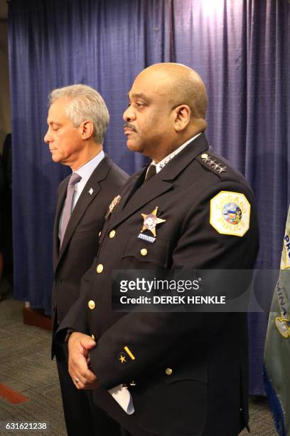 Chicago Mayor Rahm Emanuel and Chicago Police Superintendant Eddie Johnson arrive for a press conference on January 13, 2017 in Chicago, Illinois. A...