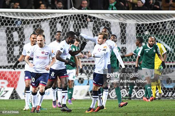 Joseph Lopy of Clermont celebrates his goal with his team mates during the Ligue 2 match between Red Star and Clermont Foot at Stade Jean Bouin on...