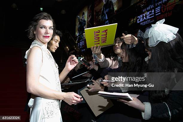 Actress Milla Jovovich attends the Seoul premiere for 'Resident Evil: The Final Chapter' on January 13, 2017 in Seoul, South Korea. The film will...