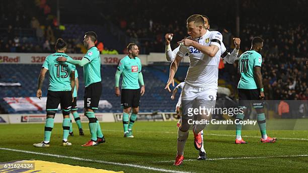 Chris Wood of Leeds celebrates after scoring the opening goal during the Sky Bet Championship match between Leeds United and Derby County at Elland...