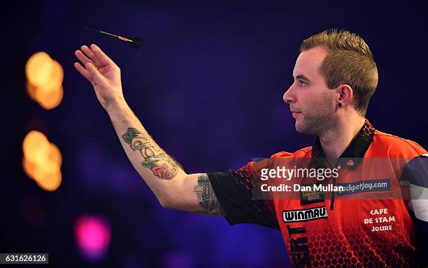 Danny Noppert of the Netherlands throws during his Mens Quarter Final match against Scott Waites of England on day seven of the BDO Lakeside World...