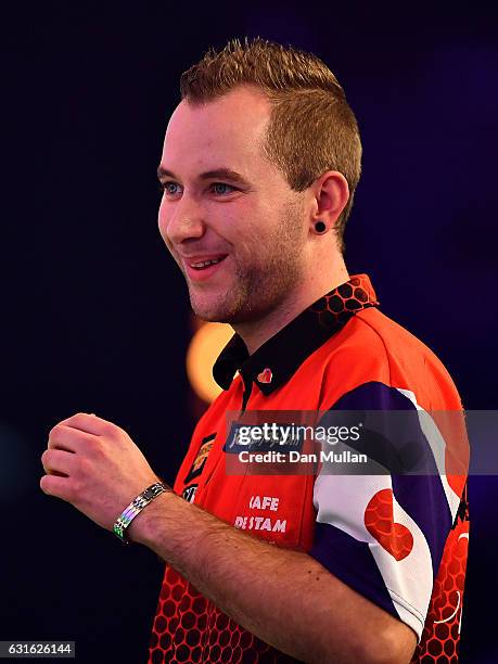 Danny Noppert of the Netherlands reacts during his Mens Quarter Final match against Scott Waites of England on day seven of the BDO Lakeside World...