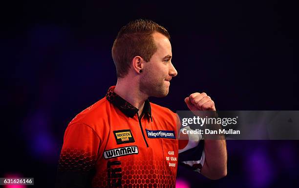 Danny Noppert of the Netherlands reacts during his Mens Quarter Final match against Scott Waites of England on day seven of the BDO Lakeside World...
