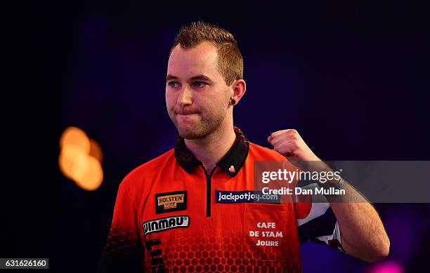 Danny Noppert of the Netherlands reacts during his Mens Quarter Final match against Scott Waites of England on day seven of the BDO Lakeside World...