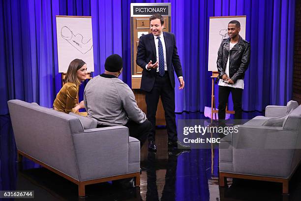 Episode 0245 -- Pictured: Actress Rose Byrne, LL Cool J, host Jimmy Fallon and rapper Big Sean play pictionary on April 20, 2015 --