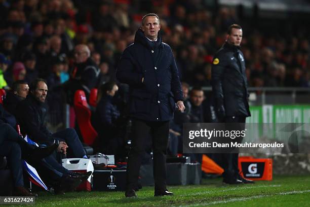 Manager / Head Coach, John van den Brom looks on during the Dutch Eredivisie match between Go Ahead Eagles and AZ Alkmaar held at De Adelaarshorst on...