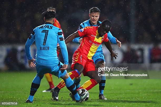 Elvis Manu of Go Ahead Eagles in action against Mattias Johansson of AZ Alkmaar during the Dutch Eredivisie match between Go Ahead Eagles and AZ...