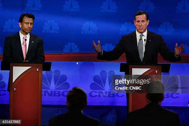 The Republican Presidential Debate: Your Money, Your Vote -- Pictured: Bobby Jindal and Rick Santorum participate in CNBC's "Your Money, Your Vote:...