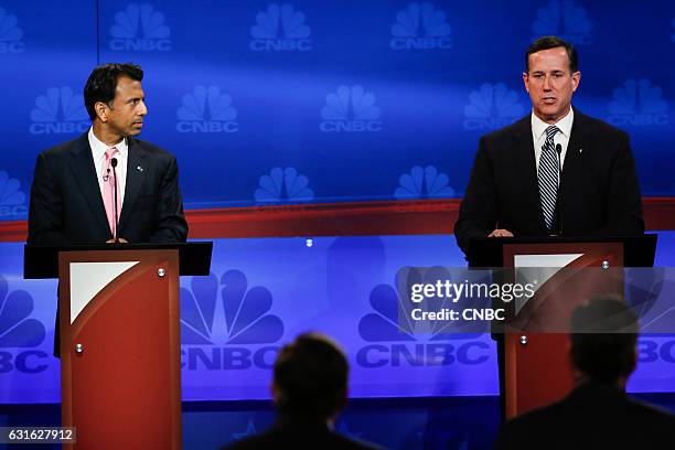 The Republican Presidential Debate: Your Money, Your Vote -- Pictured: Bobby Jindal and Rick Santorum participate in CNBC's "Your Money, Your Vote:...