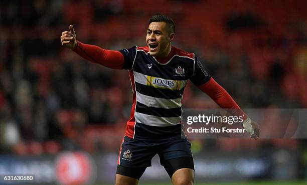 Bristol player Tusi Pisi reacts during the European Rugby Challenge Cup match between Bristol Rugby and Bath Rugby at Ashton Gate on January 13, 2017...