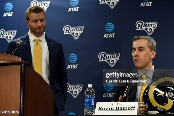 Chief Operating Officer Kevin Demoff of the Los Angeles Rams announces today in a press conference the hiring of new head coach Sean McVay on January...