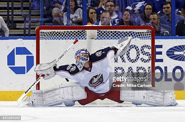 Joonas Korpisalo of the Columbus Blue Jackets allows a goal by the Tampa Bay Lightning at the Amalie Arena on January 13, 2017 in Tampa, Florida.