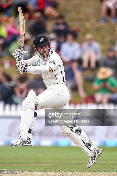 Kane Williamson of New Zealand bats during day three of the First Test match between New Zealand and Bangladesh at Basin Reserve on January 14, 2017...