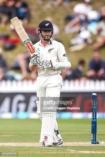 Kane Williamson of New Zealand bats during day three of the First Test match between New Zealand and Bangladesh at Basin Reserve on January 14, 2017...