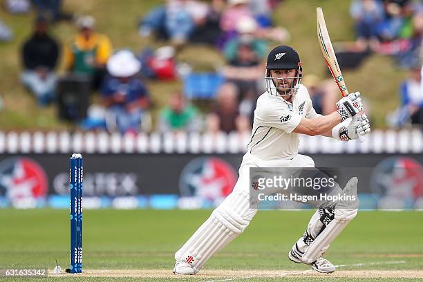 Kane Williamson of New Zealand bats during day three of the First Test match between New Zealand and Bangladesh at Basin Reserve on January 14, 2017...