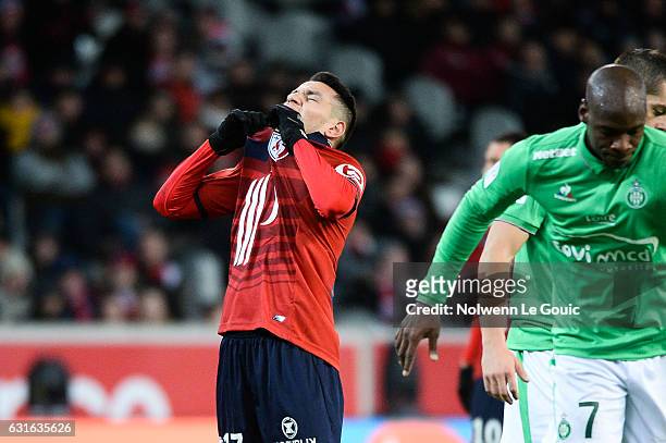 Rony Lopes of Lille looks dejected during the Ligue 1 match between Liile OSC and As Saint Etienne at Stade Pierre-Mauroy on January 13, 2017 in...