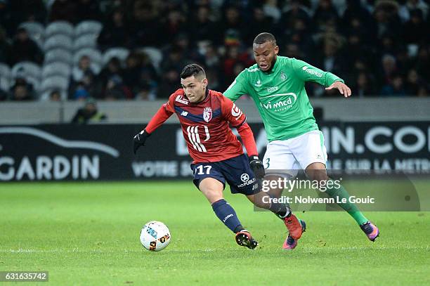 Rony Lopes of Lille Pierre Yves Polomat of Saint Etienne during the Ligue 1 match between Liile OSC and As Saint Etienne at Stade Pierre-Mauroy on...