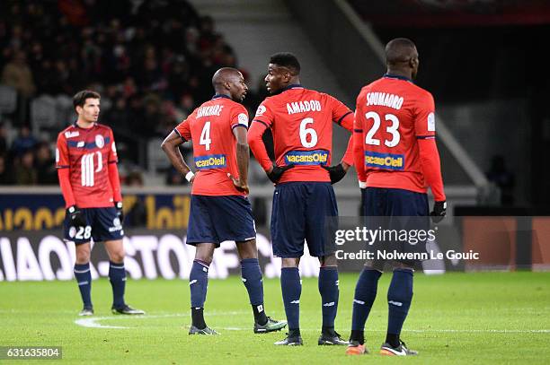 Ibrahim Amadou of Lille Younousse Sankhare of Lille look dejected during the Ligue 1 match between Liile OSC and As Saint Etienne at Stade...