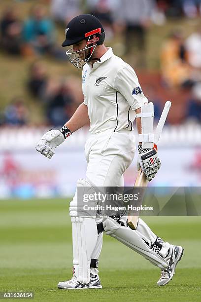 Kane Williamson of New Zealand leaves the field after being dismissed during day three of the First Test match between New Zealand and Bangladesh at...