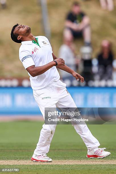 Kamrul Islam Rabbi of Bangladesh reacts after bowling during day three of the First Test match between New Zealand and Bangladesh at Basin Reserve on...