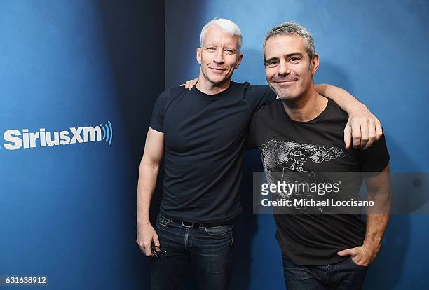 Journalist Anderson Cooper and host Andy Cohen at SiriusXM Studios on January 13, 2017 in New York City.