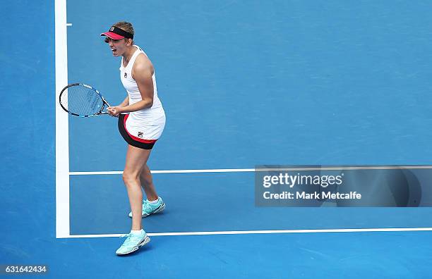 Elise Mertens of Belgium celebrates winning a point in her singles final match against Monica Niculescu of Romania during the 2017 Hobart...
