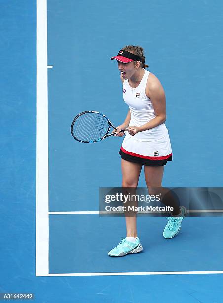 Elise Mertens of Belgium celebrates winning a point in her singles final match against Monica Niculescu of Romania during the 2017 Hobart...