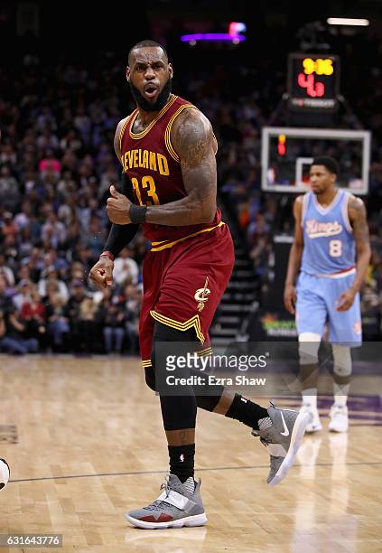 LeBron James of the Cleveland Cavaliers reacts after he didn't like a call during their game against the Sacramento Kings at Golden 1 Center on...